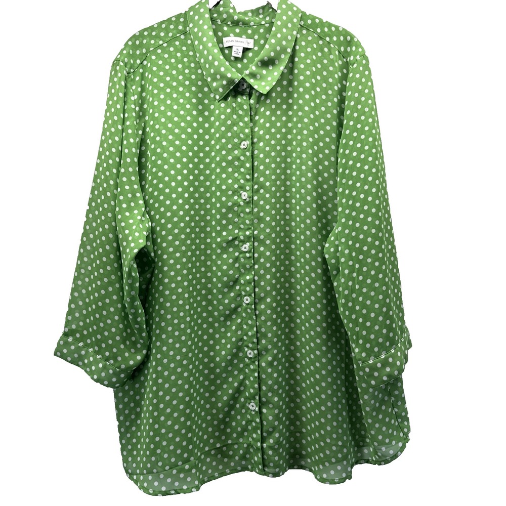 Susan Graver Womens Top Size XL Green White Polka Dot Tunic Button Up 3/4 Sleeve